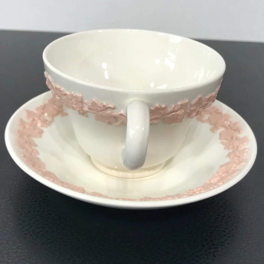 Wedgwood Etruria Embossed Queens Ware Pink on White Tea Cup Saucer Set England - Picture 9 of 16